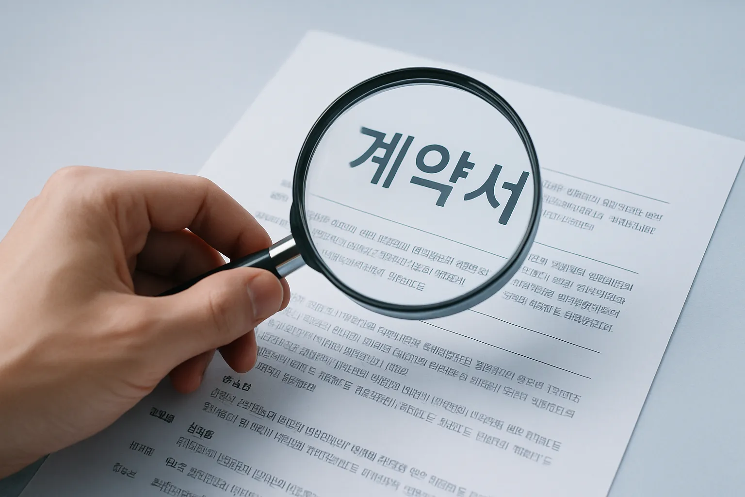 계약서 위에 돋보기를 놓고 자세히 들여다보는 손