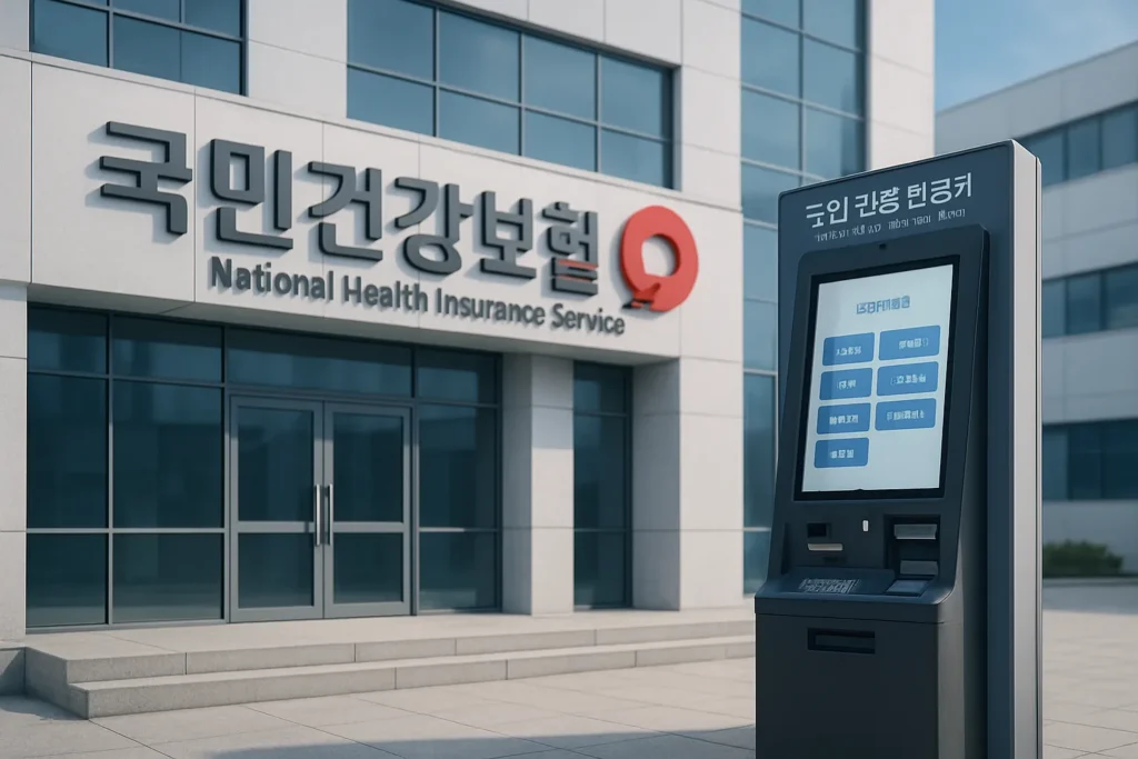 국민건강보험공단 건물과 무인민원발급기 키오스크가 나란히 있는 사진