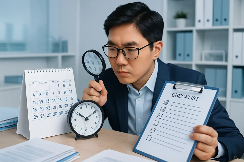 돋보기로 달력과 시계를 면밀히 검토