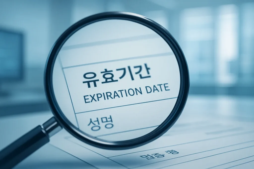 돋보기로 문서의 '유효기간' 부분을 자세히 들여다보는