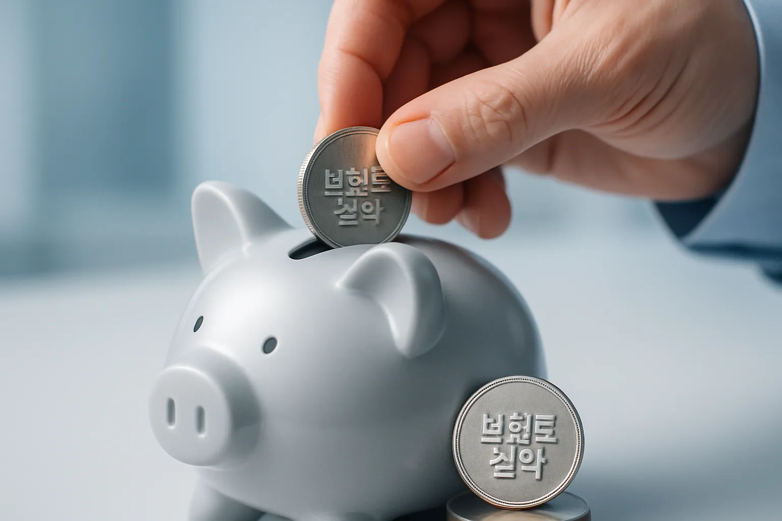 돼지 저금통에 동전을 넣는 손