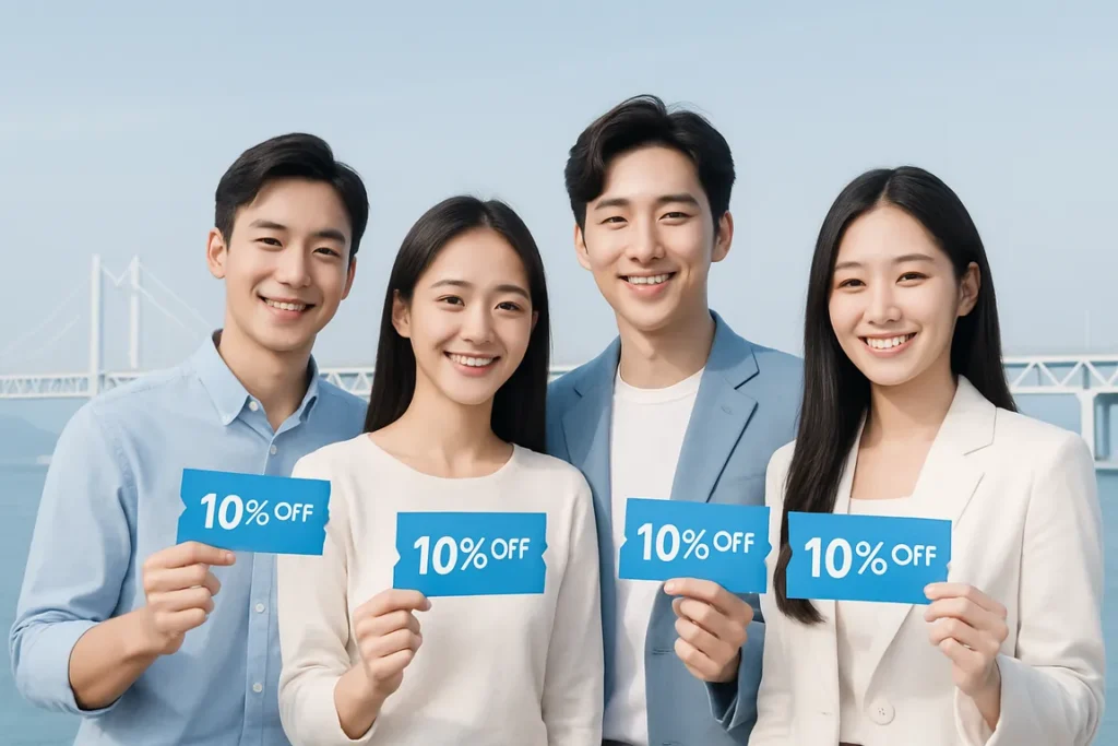 부산의 랜드마크(광안대교 등)를 배경으로 할인쿠폰을 들고 웃는 청년들