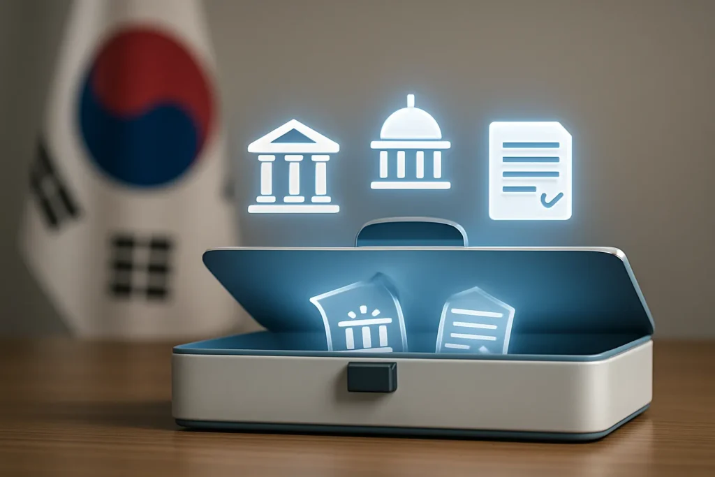 서류 가방에서 은행, 정부청사, 계약서 등 다양한 서류