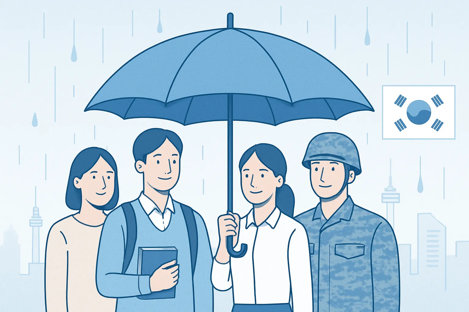 안전한 우산이 다양한 사람들(주부, 학생, 군인)