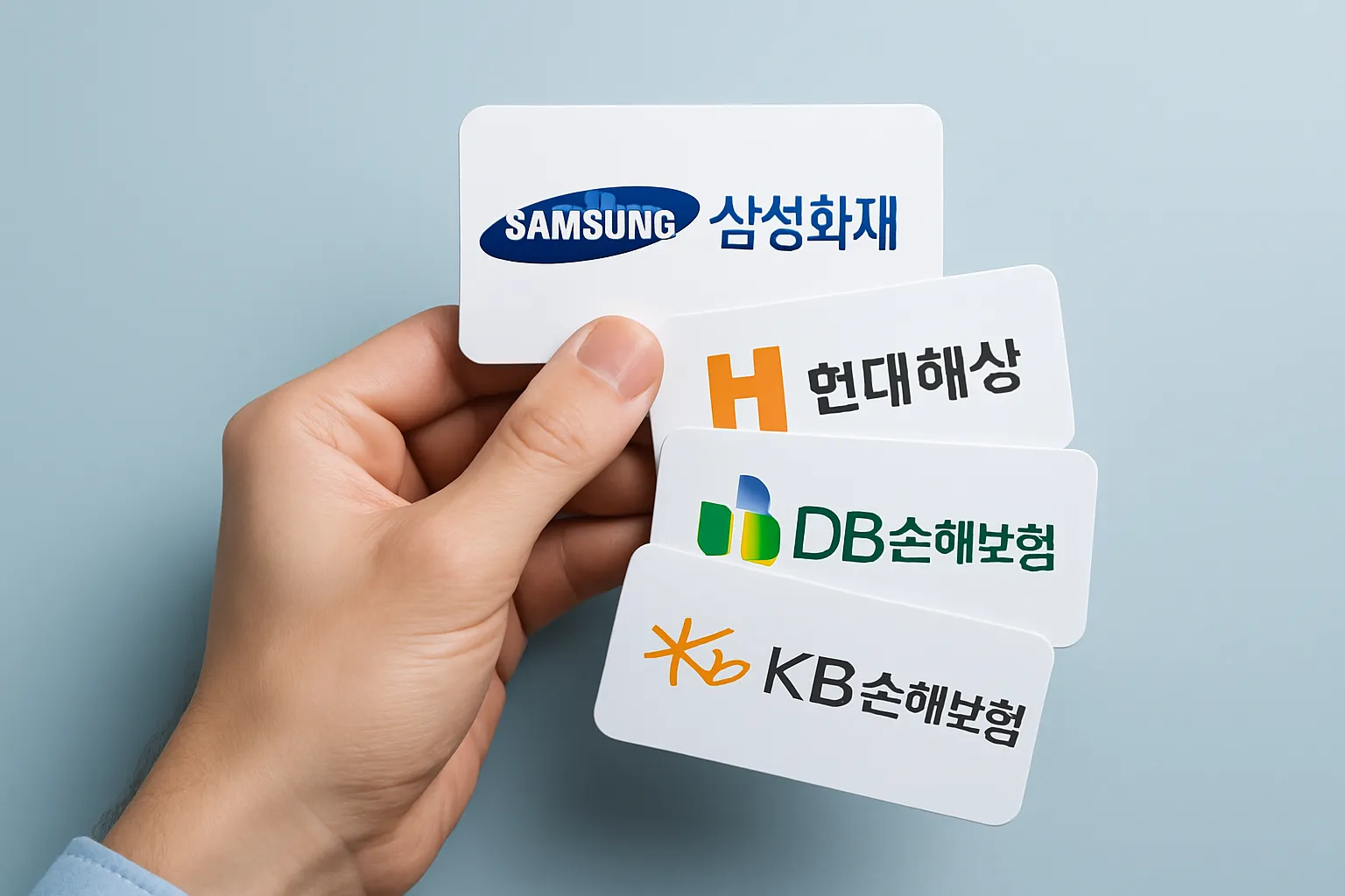 여러 보험사 로고가 담긴 카드들을 한 손에 들고 비교