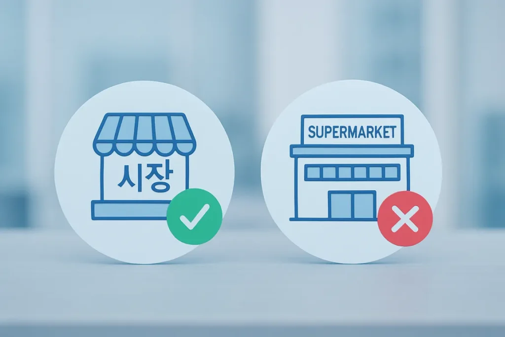 전통시장, 동네 식당은 O, 대형마트, 백화점은 X로 표시된 사진
