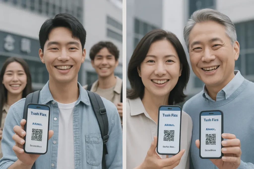젊은 배낭여행객과 중년 커플이 각자의 내일로 패스(스마트폰 화면)를 들고 웃는 모습