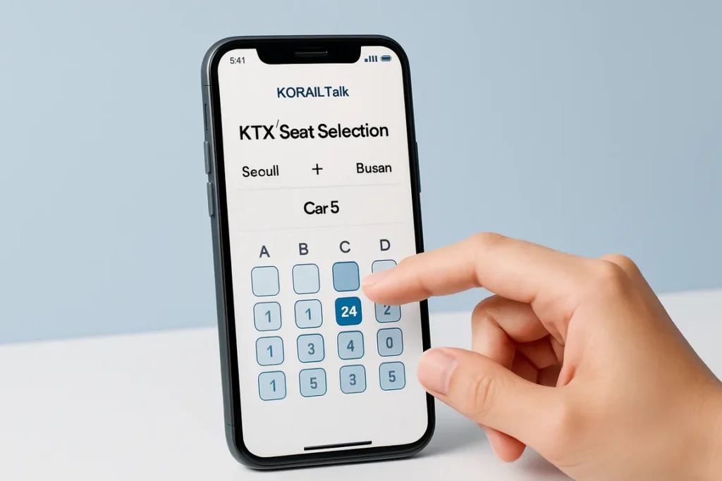 코레일톡 앱의 KTX 좌석 선택 화면을 조작하는 손