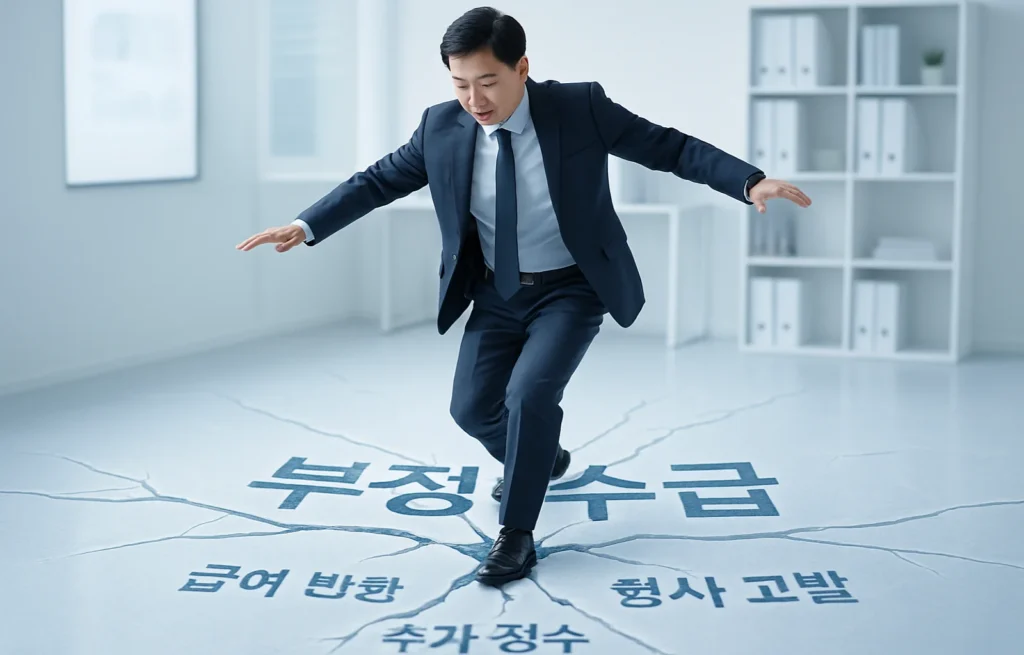 '급여 반환', '추가 징수', '형사 고발'이라는 글씨가 보인다. 위험성을 경고