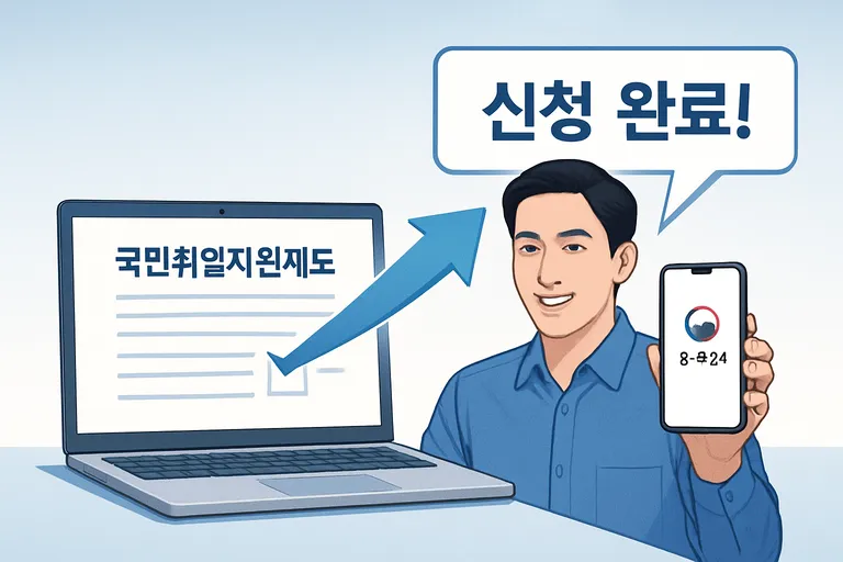 노트북 화면에 국민취업지원제도 신청 페이지가 보이고, 그 옆 스마트폰에는 정부24 앱 화면이 보인다. 화면에서 뻗어 나온 화살표가 '신청 완료!'라는 메시지를 가리키고 있다