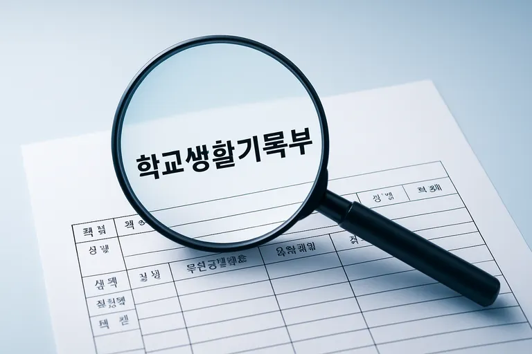 돋보기로 생활기록부 서류를 자세히 들여다 본다