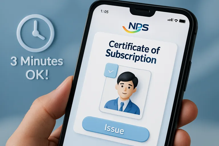 스마트폰 화면에 국민연금공단(NPS) 앱의 '가입증명서' 발급 화면이 클로즈업되어 있다