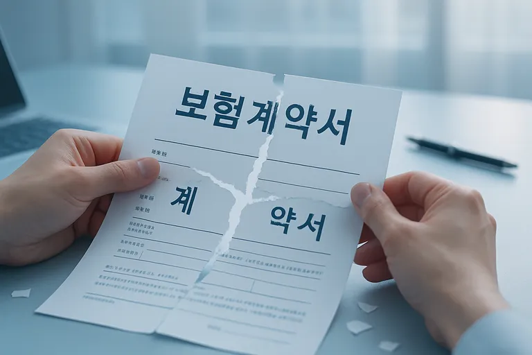 찢어진 보험 계약서 서류 조각을 두 손으로 조심스럽게 다시 붙이고 있는 모습