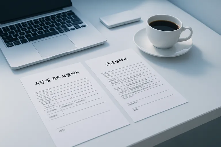 책상 위에 '취업 및 근속 사실 확인서'와 '근로계약서' 두 가지 서류만 깔끔하게 놓여있고, 그 옆에 커피 한 잔이 있다