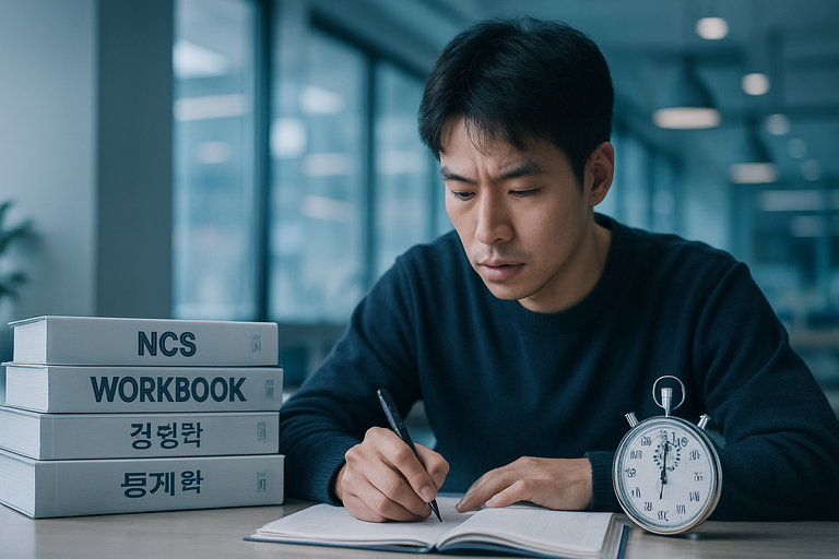 책상 위 스톱워치 옆에 NCS 문제집과 전공 서적이 쌓여있고, 한 취준생이 집중해서 문제를 풀고 있는 모습
