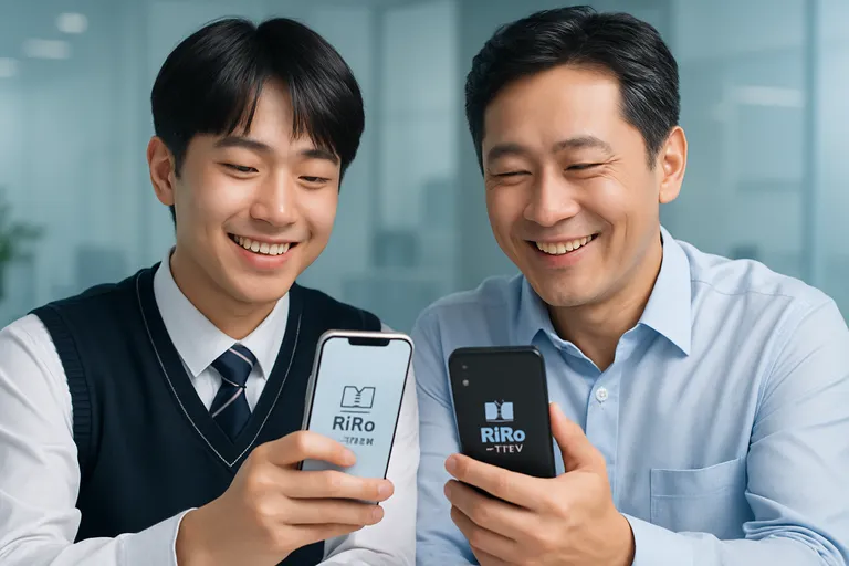 학생과 학부모가 각자의 스마트폰으로 리로스쿨 앱을 보며 미소 짓는 모습